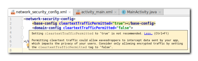 Example of a warning shown to developers in Android Studio.