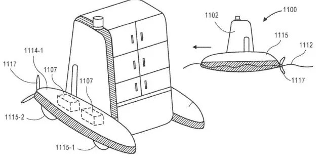 Alternate designs for Amazon’s storage compartment vehicle are adapted for aerial (left) or water-based (right) transportation. (Amazon Illustration via USPTO)