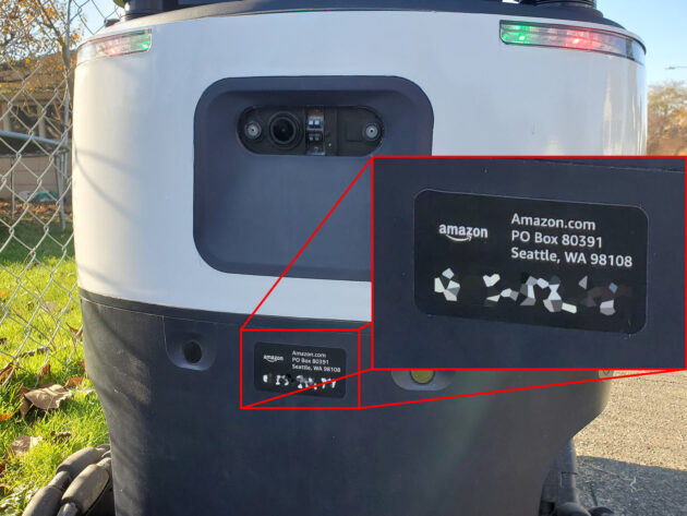 Close-up of the label on the Amazon sidewalk mapping robot in Everett, WA