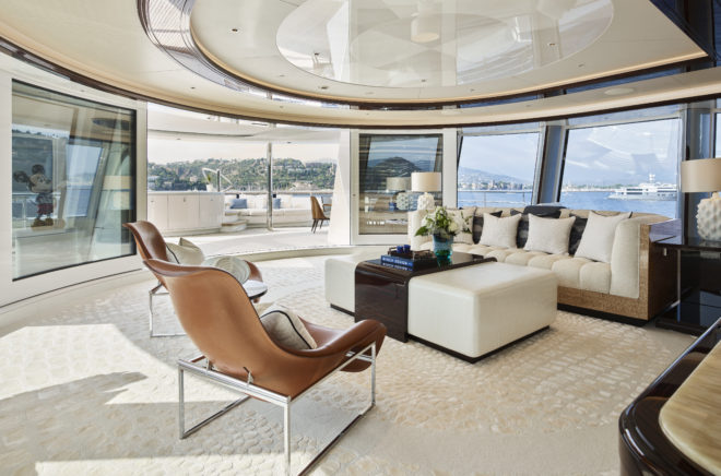 The owner’s lounge is aft and, like the master suite, offers stunning views through huge windows; it also leads to a plunge pool on the aft deck