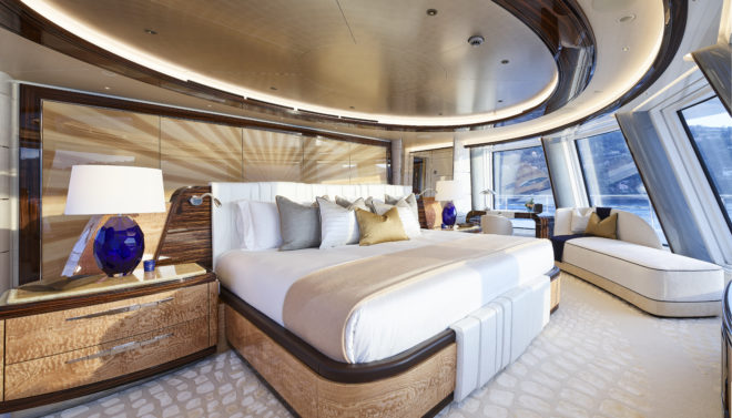 Abeking: Part of 136sqm dedicated to the owners, the master suite is forward on the fifth of six decks and offers sensational views through full-height windows