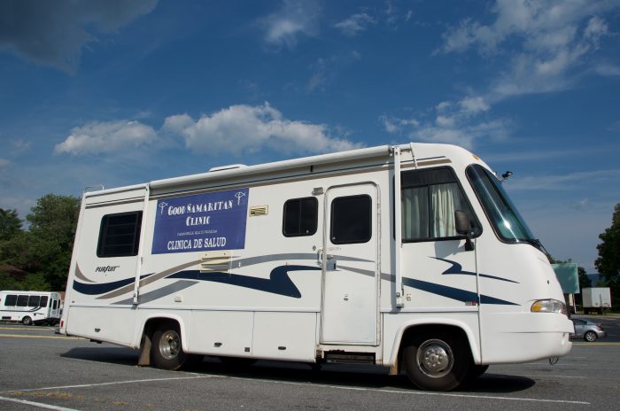 The Good Samaritan Clinic's mobile unit, which visits farmworker camps in rural areas and provides medical services and teletherapy.