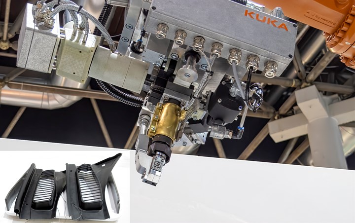 Kuka introduced a new extrusion head for its six-axis robots, which can deposit gaskets directly onto molded parts (inset, left).