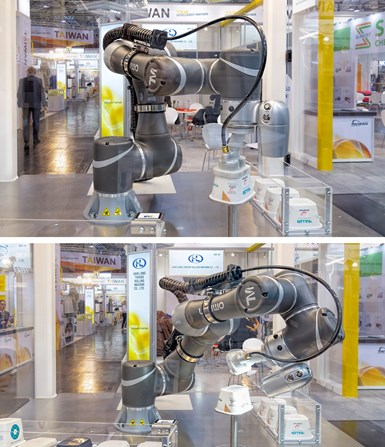 Muller Technology Colorado (formerly CBW Automation) is working with Omron’s cobots to develop a system that can pick and place IML packaging (top) and inspect it with an integral camera (bottom).