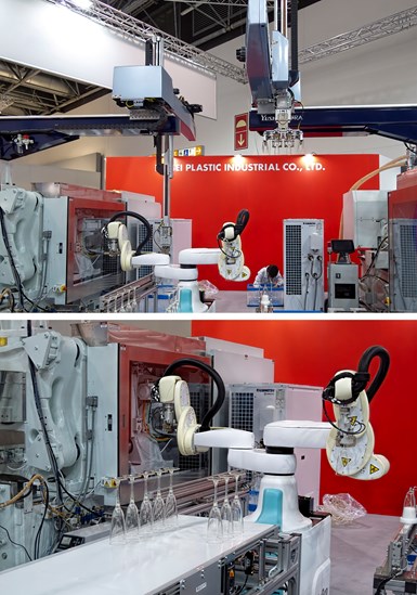 Nissei molded PLA champagne flutes in two parts on two presses. Two top-entry robots (top) delivered the parts to a Kawasaki dual-arm DuAro SCARA-type cobot that assembled the flutes (bottom).