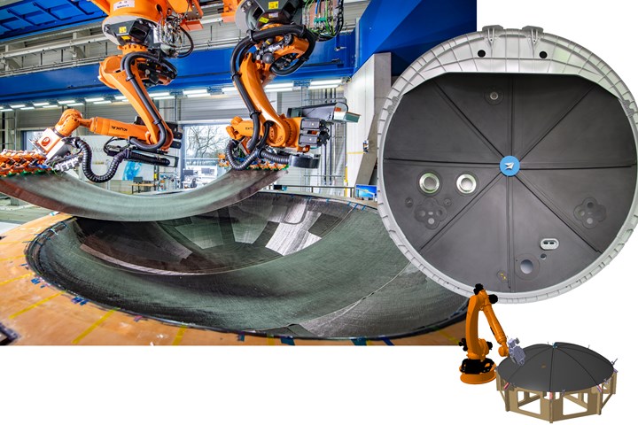 German Aerospace Center DLR robotic preforming of dry carbon fabric and thermoplastic composite bulkhead
