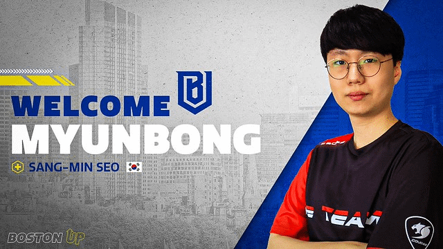 The graphic welcoming Sang-min "Myunbong" Seo, a profile photo of him with the words "Welcome Myunbong" and the Boston Uprising logo against a background of the city of Boston