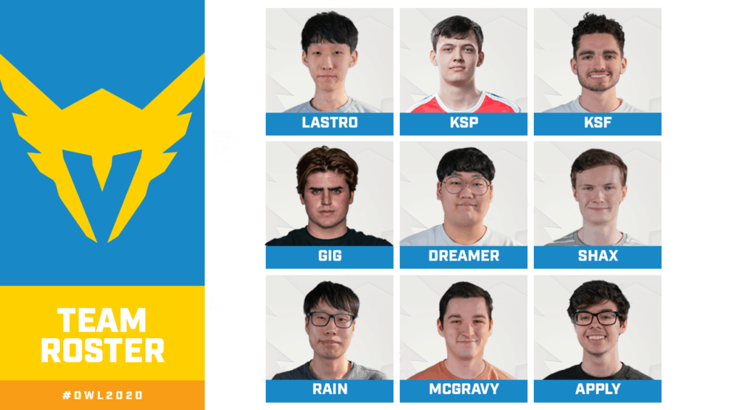 A profile photo of each new member of the LA Valiant roster with the team Logo in yellow against a blue background
