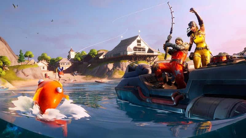 Splash art of two Fortnite characters fishing, one of them is cheering as the other reels in a large orange fish.