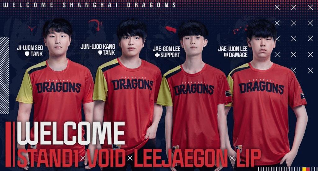 LeeJaeGon, Void, Stand1 and LIP all stand facing the camera in their Shanghai Dragons jerseys. The word welcome appears beneath them in white, with their handles in red.