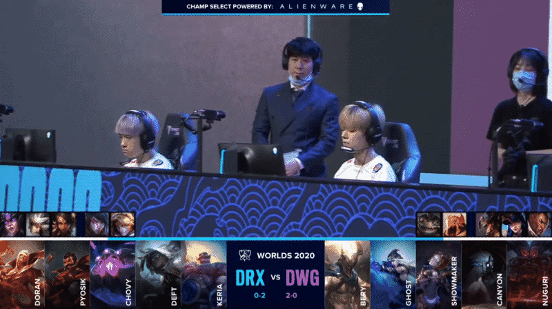 The DRX LoL team on the Worlds 2020 stage ahead of their match against Damwon Gaming with their game three drafts below