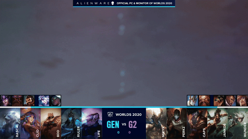 A photo of fake water appears above the drafts for game one of Gen.G versus G2 Esports at Worlds 2020