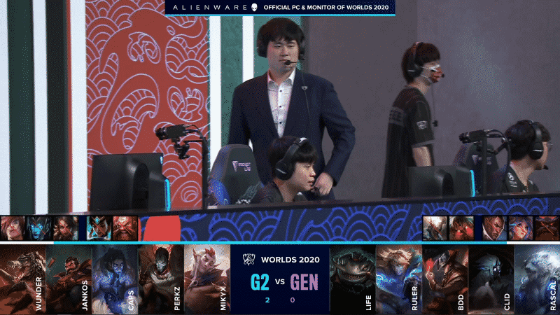 The Gen.G team and coach on the Worlds 2020 stage with their game three drafts versus G2 Esports below