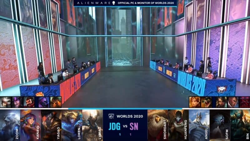 The Suning and JD Gaming LoL teams on a flooded worlds 2020 stage with their game three drafts below