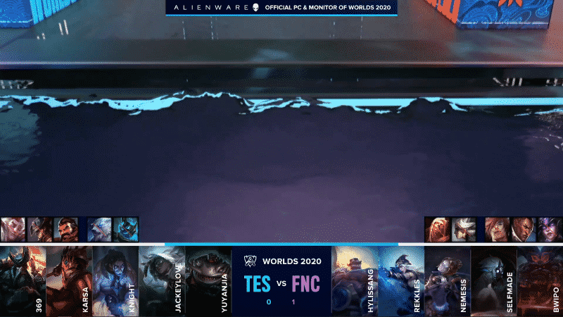 A picture of the watery area of the Worlds 2020 stage is shown with the TES and FNC game two drafts below