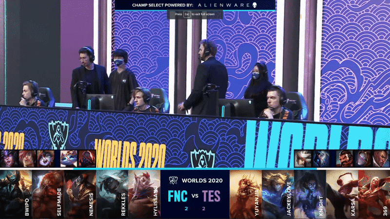 The Fnatic LoL team on the Worlds 2020 stage with their game five draft against TES below