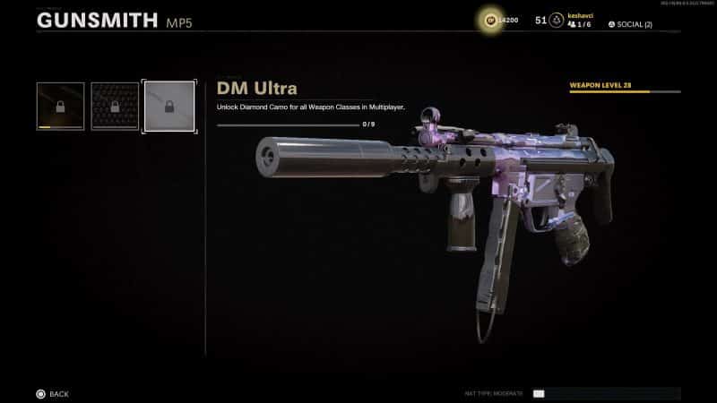 An MP5 is showcased with the Dark Matter camo in the Black Ops Cold War gunsmith setting page