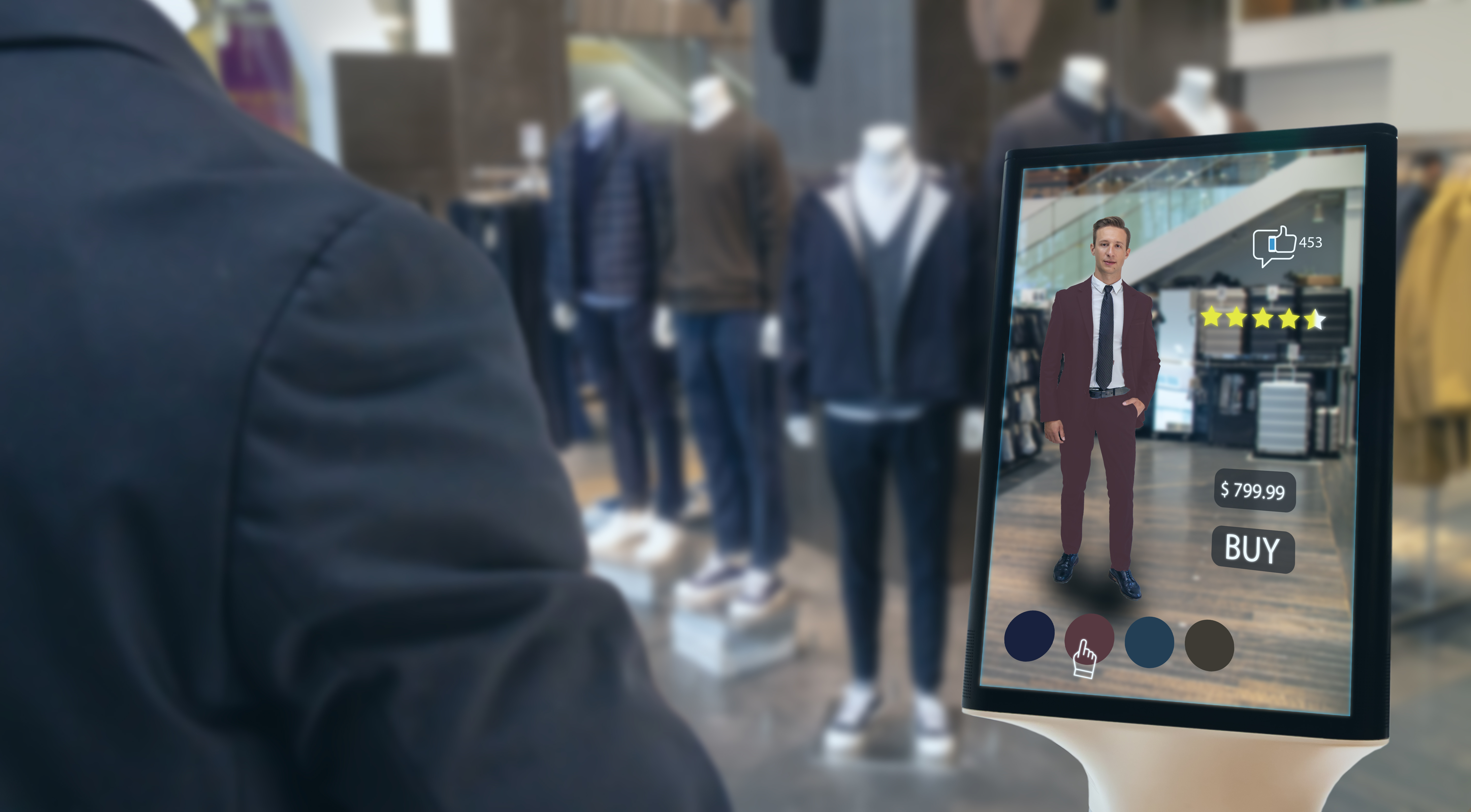iot smart retail futuristic technology concept, happy man try to use smart display with virtual or augmented reality in the shop or retail to choose select ,buy cloths and give a rating of products