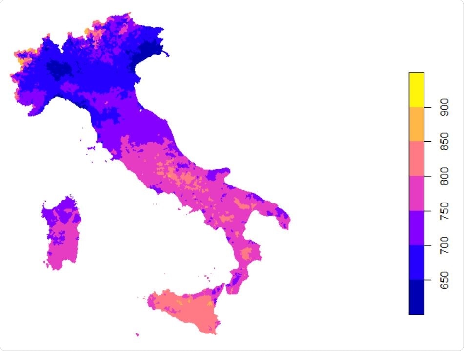 Daily mean UVA (KJ/m2 ) in the Italy between Jan 1st - Apr 30th 2020
