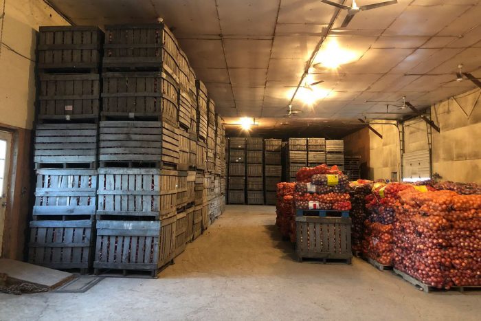 inside Chris Pawelski's onion farm warehouse