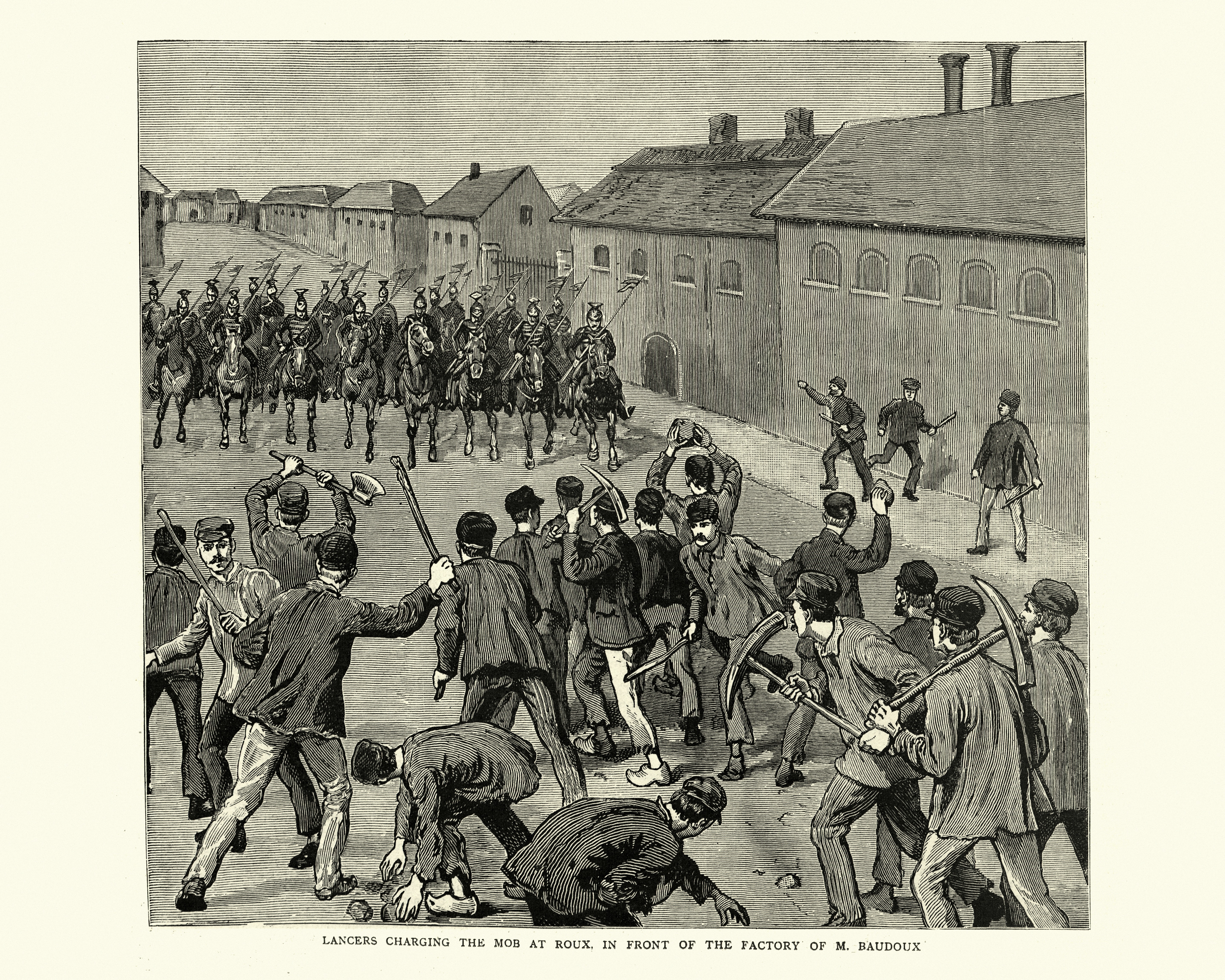 Soldiers charging striking miners in Belgium, in 1886.