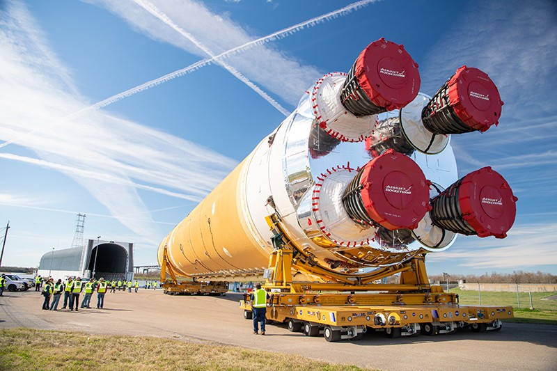 Crews moved the the rocket flight hardware for the first Artemis mission to NASA’s Pegasus barge on Jan. 8