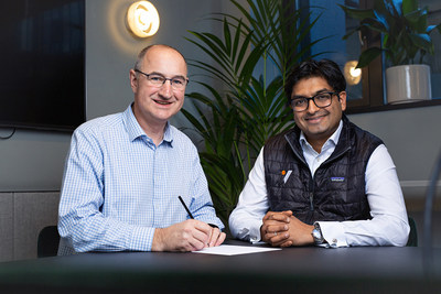 Oxford VR signs landmark investment deal, Feb 12th 2020. Pictured: Barnaby Perks, Founding CEO, Oxford VR and Ash Patel, Principal, Optum Ventures.