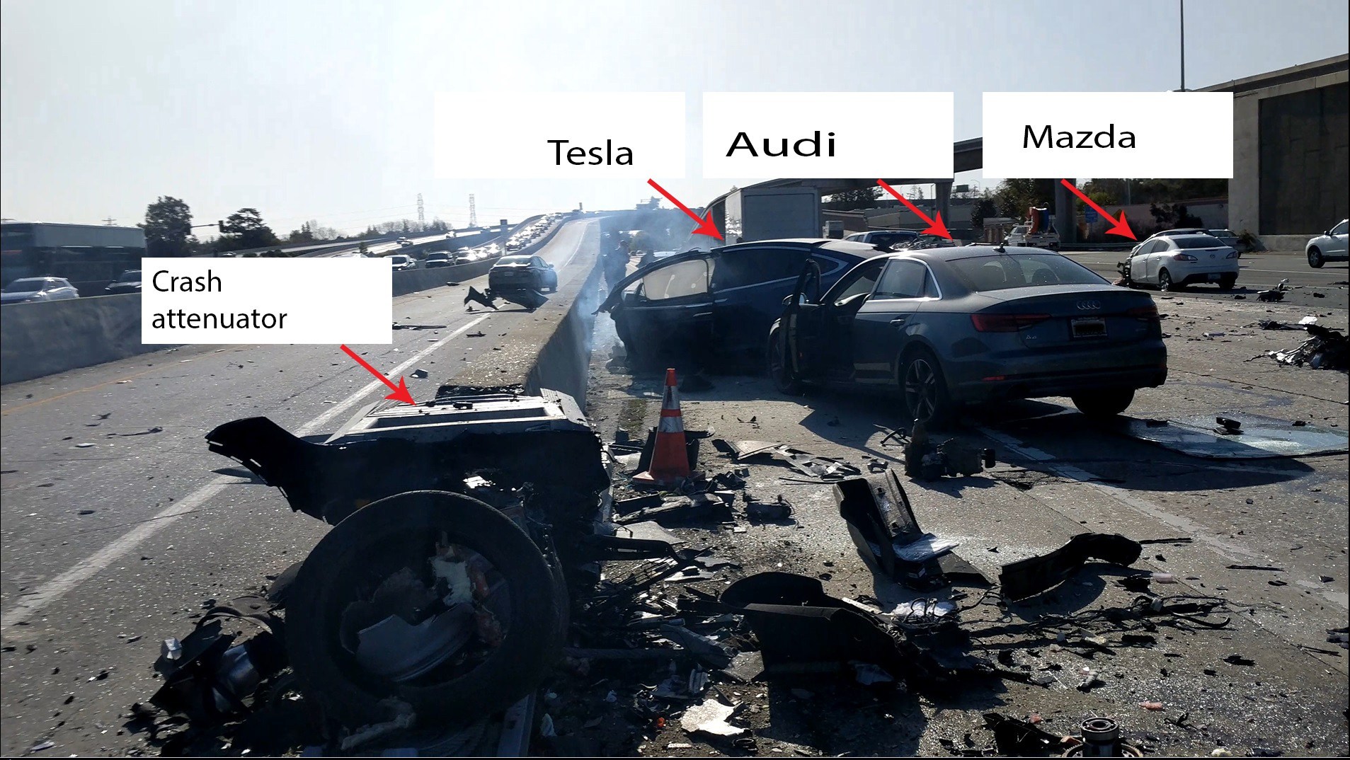 Photo of the final rest locations of the Tesla, Audi and Mazda vehicles. 