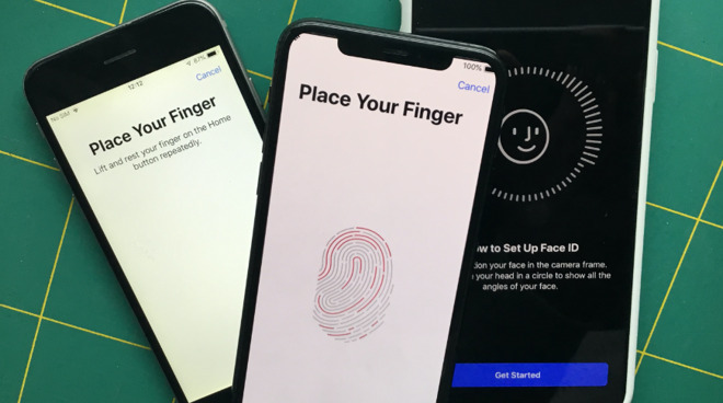 Left: the original Touch ID. Right: Face ID. Center: mockup of all-display Touch ID