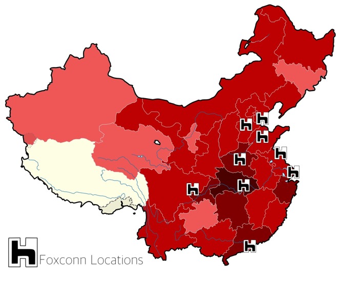 Foxconn locations in China overlaid on Corona virus infections 