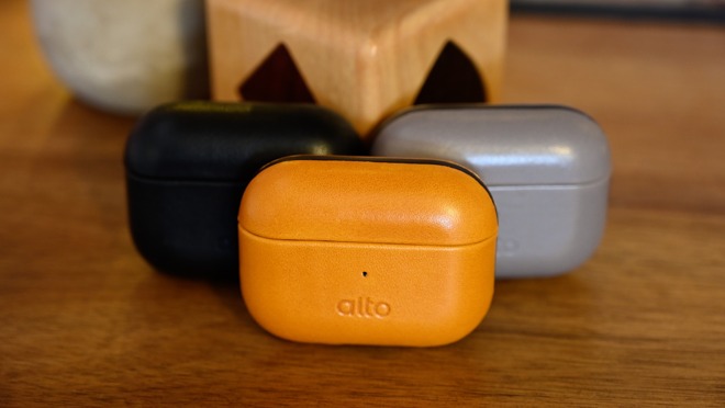 Alto's Italian leather AirPods cases in cement (grey), raven (black), and caramel (brown)