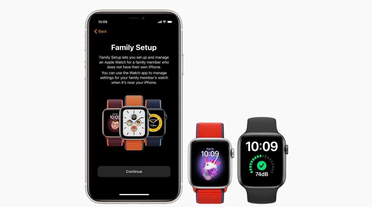 The two sizes of Apple Watch Series 6 and Apple Watch SE next to an iPhone running Family Setup.