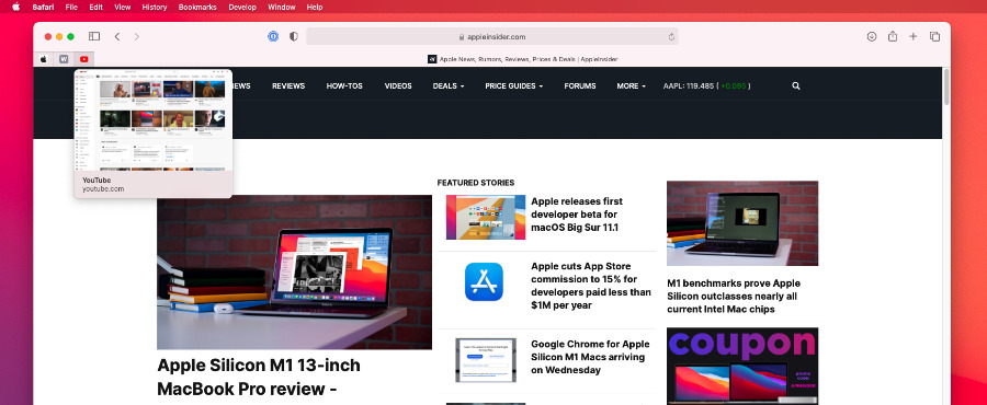 Safari's new preview works with pinned tabs too