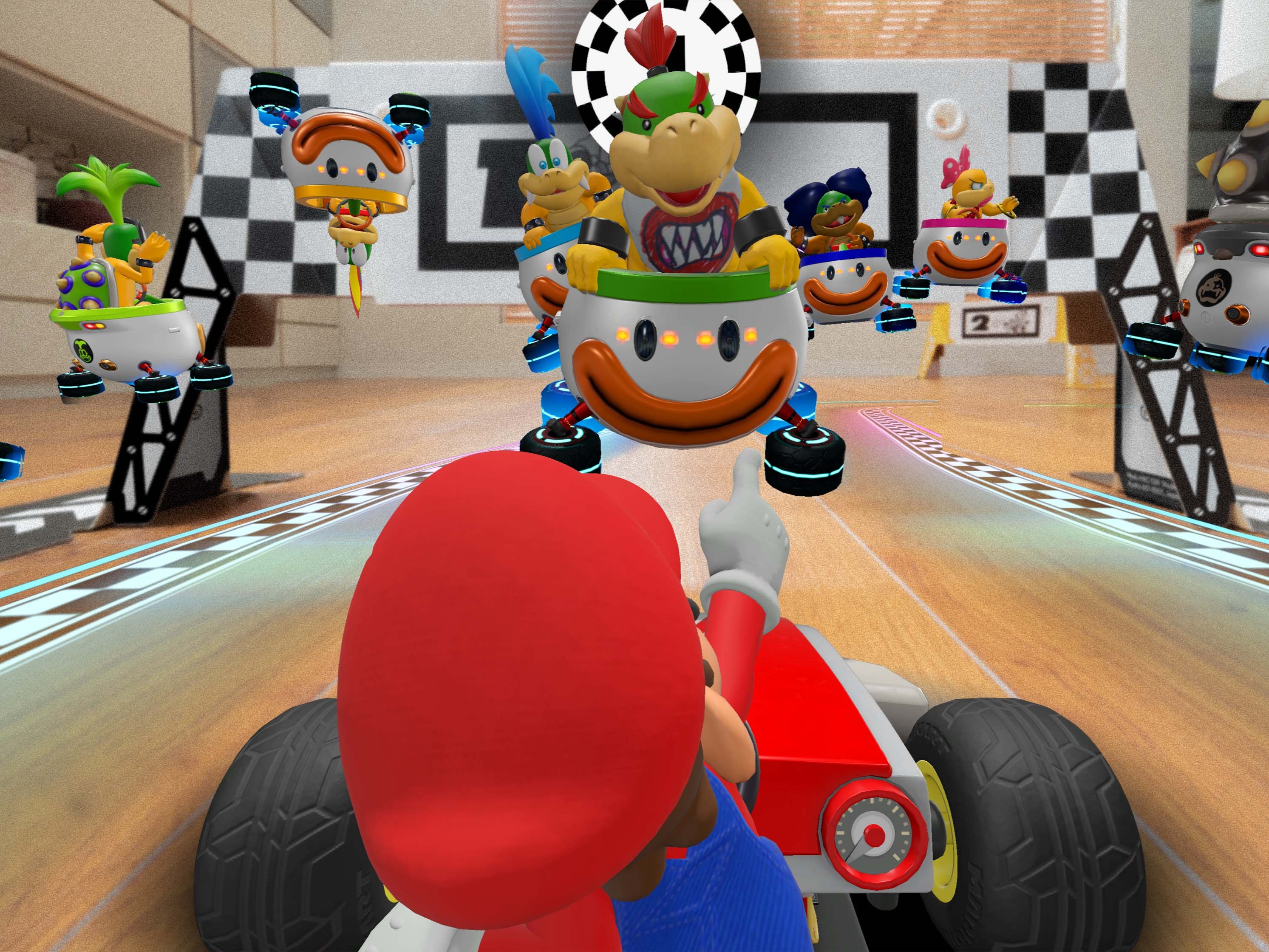 Mario’s car, racetrack and opponents overlay live footage of your living room